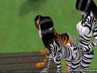 Three 3D cartoon furries getting it on in a park