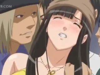Busty anime xxx film slave gets nipples pinched in public