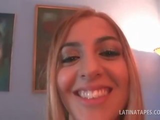 Blonde inviting latina touching her shaved super pussy