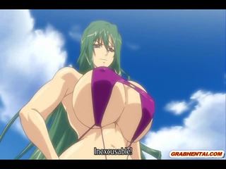 Bondage anime swimsuit with bigboobs threesome fucking in the beach