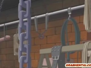 Chained anime brunette gets dildoed pussy and super sucking stiff prick